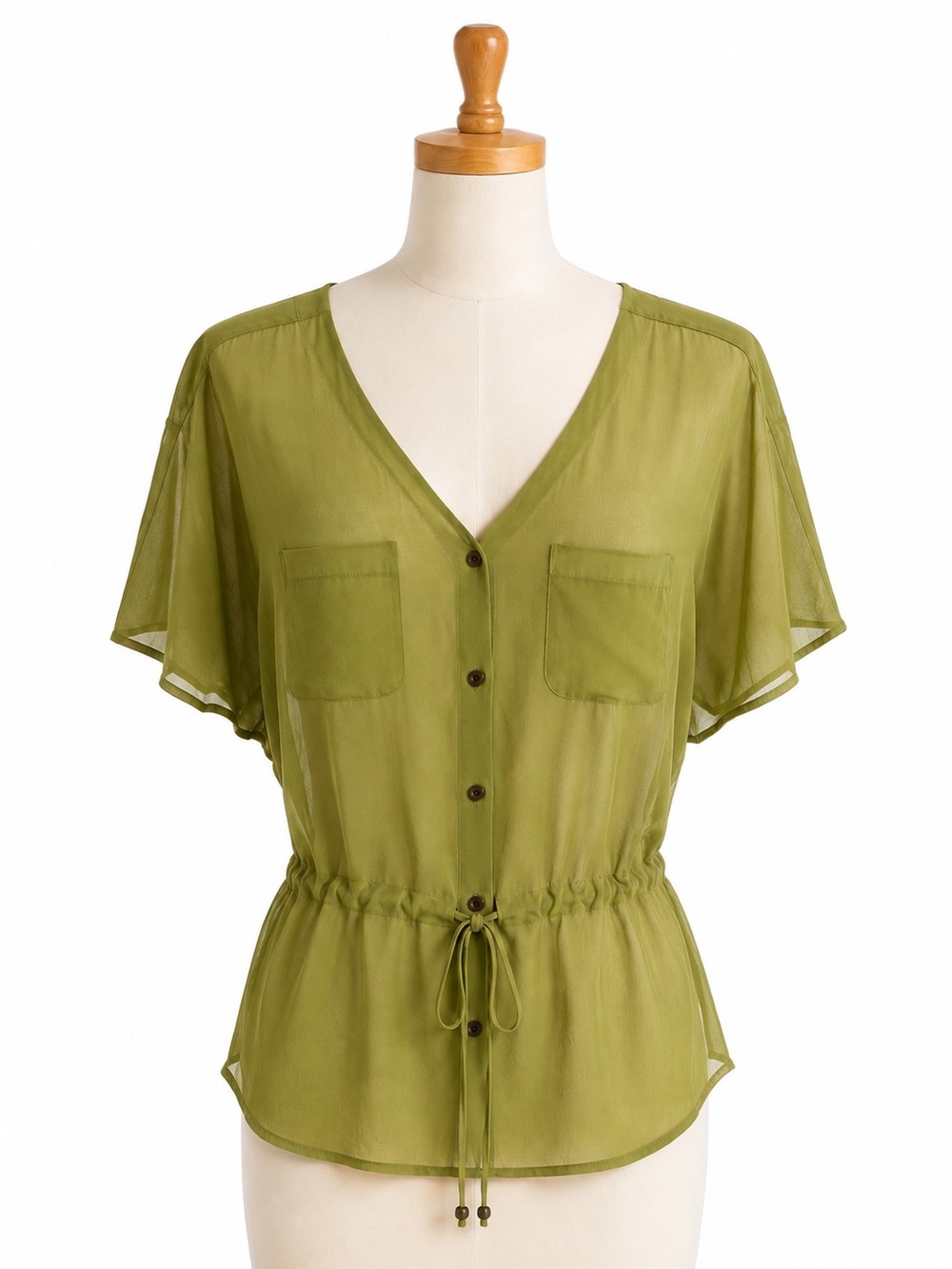 Jessica Simpson Olive Green Sheer Drawstring Blouse | Boho Safari Utility Top
